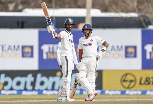 IND vs SL, 1st Test, Day 2 Galle Sri Lanka , Aug 16 (ANI): India s Devdutt Padikkal celebrates his 150-run milestone during day 2 of the 1st Test match against Sri Lanka, at Galle International Stadium in Galle on Sunday. Galle Sri Lanka Copyright: xANIx ANI_20260816158