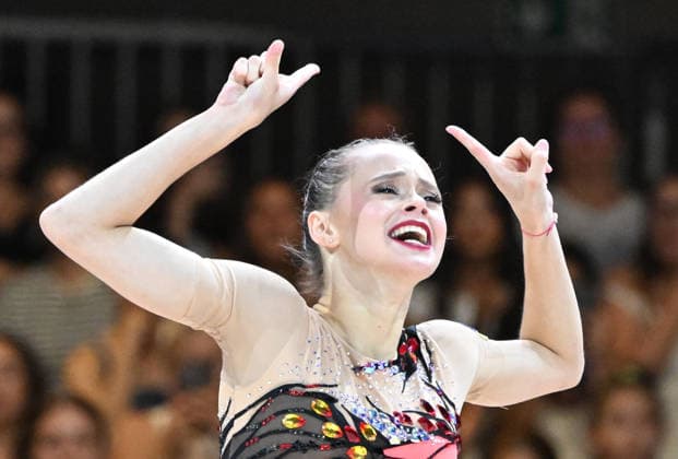 16.08.2026, xhbx, Rhythmische Sportgymnastik Weltmeisterschaft 2026, v.l. Taisilia Onofriichuk (Ukraine) Keulen Frankfurt am Main *** August 16, 2026, xhbx, 2026 Rhythmic Gymnastics World Championships, from left: Taisilia Onofriichuk, Ukraine, Cologne, Frankfurt am Main