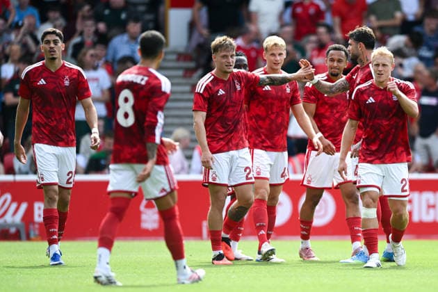 Nottingham, England, 16th August 2026. Luca Netz of Nottingham Forest celebrates scoring the second goal of the game with teammates during the Nottingham Forest vs Stade Brestois Pre Season Friendly match at the City Ground, Nottingham. Picture credit should read: Harriet Massey Sportimage EDITORIAL USE ONLY. No use with unauthorised audio, video, data, fixture lists, club league logos or live services. Online in-match use limited to 120 images, no video emulation. No use in betting, games or single club league player publications. SPI_015_ForestvStadeBrestois_16Aug SPI-4911-0014