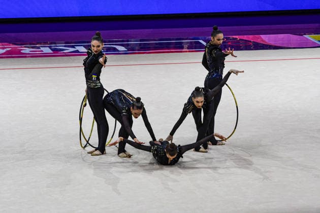 August 16, 2026, Frankfurt, Hesse, Germany: The Ukrainian team, comprised of KIRA SHYRYKINA, OLEKSANDRA YUSHCHAK, DIANA BAIEVA, POLINA HORODNYCHA, and VALERIIA PEREMETA competes in the 42nd Rhythmic gymnastics, Rhythmische Sportgymnastik, RSG World Championships group three hoops and two pairs clubs finals in the Festhalle in Frankfurt, Hesse, Germany on Sunday, August 16, 2026. 2026 Rhythmic Gymnastics World Championships Group Finals  - ZUMAd168 20260816_zsp_d168_056 Copyright: xKaixDambachx