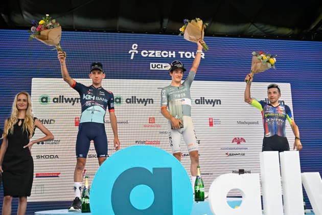 Czech Tour cycling race, Stage 4, in Prostredni Becva, Czech Republic, on August 16, 2026. From left, second overall Alessandro Fancellu from the MBH Bank CSB ‹‹Telecom Fort team, winner Andrew August from the Netcompany INEOS team, third Domenico Pozzovivo from the Solution Tech NIPPO Rali team. (CTKxPhoto DaliborxGluck) CTKPhotoP2026081603493  CTKPhotoP2026081603493
