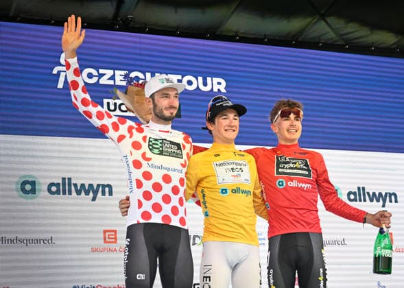 Czech Tour cycling race, Stage 4, in Prostredni Becva, Czech Republic, on August 16, 2026. From left, the best climber Michal Schuran from Team United Shipping, the overall winner Andrew August from Team Netcompany INEOS and the best Czech Vaclav Jezek from Team Kasper crypto4me. (CTKxPhoto DaliborxGluck) CTKPhotoP2026081603551  CTKPhotoP2026081603551