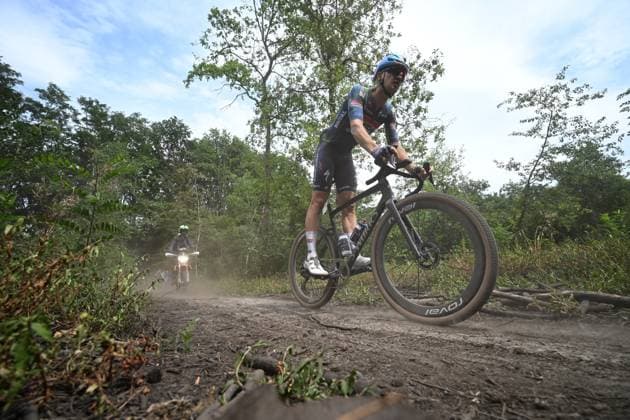 Belgian Stan Van Tricht of Soudal Quick-Step Devo Team pictured in action at the elite race at the Belgian Gravel Championships, Sunday 16 August 2026 in Grobbendonk. ELIASxROM  x0864196576stx
