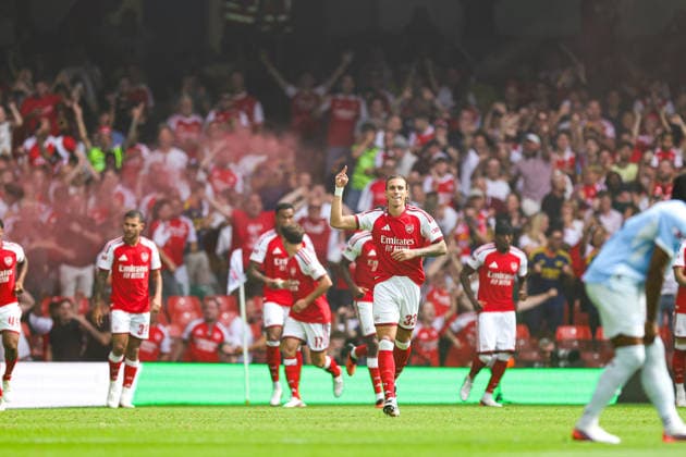 Arsenal v Manchester City, FA Community Shield Goal 1-0 Riccardo Calafiori (33) of Arsenal scores a goal and celebrates during the FA Community Shield match between Arsenal and Manchester City at Millenium Stadium, Cardiff, UK on 16 August 2026. Editorial use only DataCo restrictions apply See www.football-dataco.com , Copyright: xNigelxKeenex PSI-24687-0010