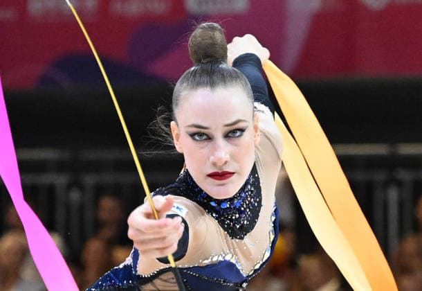 16.08.2026, xhbx, Rhythmische Sportgymnastik Weltmeisterschaft 2026, v.l. Darja Varfolomeev (Deutschland) Band Frankfurt am Main *** August 16, 2026, xhbx, 2026 Rhythmic Gymnastics World Championships, from left: Darja Varfolomeev, Germany, ribbon, Frankfurt am Main
