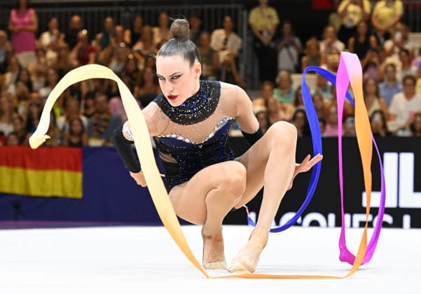 16.08.2026, xhbx, Rhythmische Sportgymnastik Weltmeisterschaft 2026, v.l. Darja Varfolomeev (Deutschland) Band Frankfurt am Main *** August 16, 2026, xhbx, 2026 Rhythmic Gymnastics World Championships, from left: Darja Varfolomeev, Germany, ribbon, Frankfurt am Main