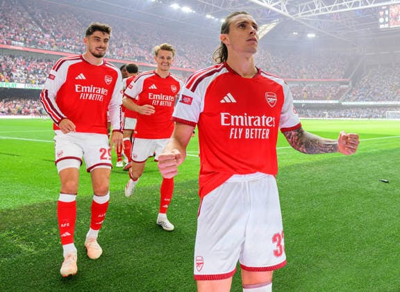 15 August 2026 - Arsenal v Manchester City - FA Community Shield - Principality Stadium - Cardiff. Arsenal v Manchester City - FA Community Shield - Principality Stadium - Cardiff. Riccardo Calafiori celebrates scoring Arsenal s early goal. Picture : Mark Pain CARDIFF Wales  Copyright: xMarkxPainx