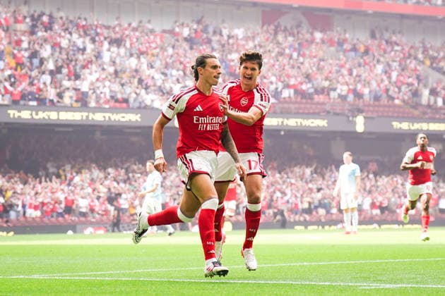 Arsenal v Manchester City, FA Community Shield Arsenal defender Riccardo Calafiori (33) scores a GOAL 1-0 during the Arsenal v Manchester City FA Community Shield match at the Principality Stadium, Cardiff, Wales on 16 August 2026 Credit: Robbie Hoad Every Second Media Editorial use only. All images are copyright Every Second Media Limited. No images may be reproduced without prior permission. Copyright: xIMAGO EveryxSecondxMediax ESM-2100-0007 RobbiexHoadx xEveryxSecondxMediax