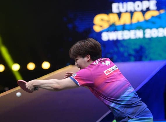 (260816) -- MALMO, Aug. 16, 2026 -- Matsushima Sora hits a return during the men s singles semifinal match between Harimoto Tomokazu of Japan and Matsushima Sora of Japan at the WTT Europe Smash Sweden 2026 in Malmo, Sweden, Aug. 16, 2026. ) (SP)SWEDEN-MALMO Table tennis, Tischtennis WTT EUROPE SMASH 2026-MEN S SINGLES WengxXinyang 