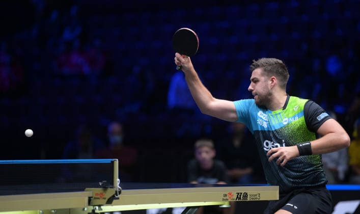 (260816) -- MALMO, Aug. 16, 2026 -- Darko Jorgic hits a return during the men s singles semifinal match between Felix Lebrun of France and Darko Jorgic of Slovenia at the WTT Europe Smash Sweden 2026 in Malmo, Sweden, Aug. 16, 2026. ) (SP)SWEDEN-MALMO Table tennis, Tischtennis WTT EUROPE SMASH 2026-MEN S SINGLES WengxXinyang 