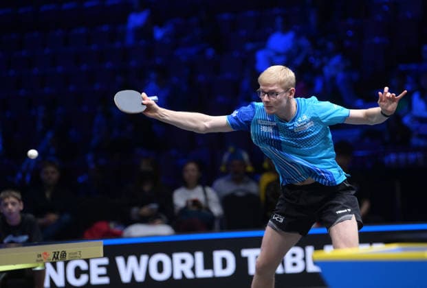 (260816) -- MALMO, Aug. 16, 2026 -- Felix Lebrun hits a return during the men s singles semifinal match between Felix Lebrun of France and Darko Jorgic of Slovenia at the WTT Europe Smash Sweden 2026 in Malmo, Sweden, Aug. 16, 2026. ) (SP)SWEDEN-MALMO Table tennis, Tischtennis WTT EUROPE SMASH 2026-MEN S SINGLES WengxXinyang 