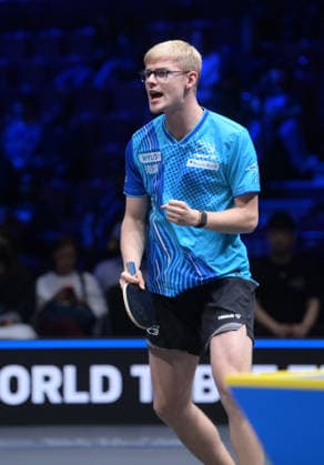 (260816) -- MALMO, Aug. 16, 2026 -- Felix Lebrun celebrates scoring during the men s singles semifinal match between Felix Lebrun of France and Darko Jorgic of Slovenia at the WTT Europe Smash Sweden 2026 in Malmo, Sweden, Aug. 16, 2026. ) (SP)SWEDEN-MALMO Table tennis, Tischtennis WTT EUROPE SMASH 2026-MEN S SINGLES WengxXinyang 
