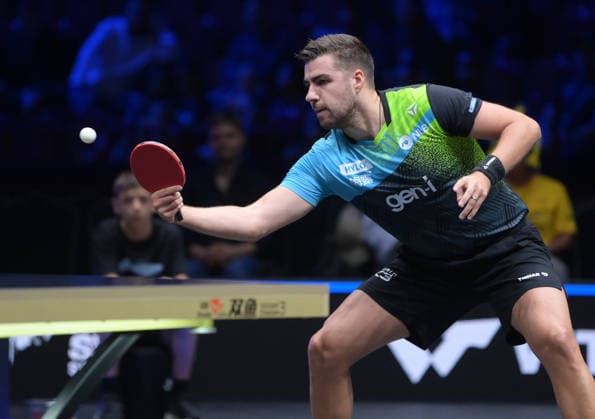 (260816) -- MALMO, Aug. 16, 2026 -- Darko Jorgic hits a return during the men s singles semifinal match between Felix Lebrun of France and Darko Jorgic of Slovenia at the WTT Europe Smash Sweden 2026 in Malmo, Sweden, Aug. 16, 2026. ) (SP)SWEDEN-MALMO Table tennis, Tischtennis WTT EUROPE SMASH 2026-MEN S SINGLES WengxXinyang 