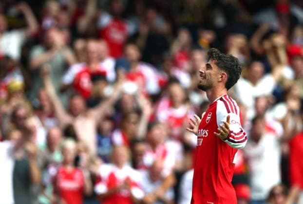 Kai Havertz of Arsenal celebrates scoring a goal to make the score 2-0 Arsenal v Manchester City, FA Community Shield, Football, Principality Stadium, Cardiff, Wales, UK - 16 Aug 2026Cardiff Principality Stadium Wales United Kingdom EDITORIAL USE ONLY No use with unauthorised audio, video, data, fixture lists, club league logos or live services. Online in-match use limited to 120 images, no video emulation. No use in betting, games or single club league player publications.  Copyright: xKieranxMcManus Shutterstockx 17070166af