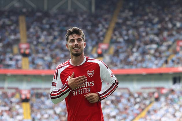 Community Shield 2026 16 August 2026, Cardiff - Community Shield 2026 Football - Arsenal v Manchester City - Kai Havertz of Arsenal celebrates their first goal - Photo: Mark Leech Offside. Cardiff UK *** Community Shield 2026 16. August 2026, Cardiff Community Shield 2026 Fußball Arsenal gegen Manchester City Kai Havertz von Arsenal feiert das erste Tor Foto: Mark Leech Abseits Cardiff, Großbritannien  Copyright: xMarkxLeechx xOffsidexOffside