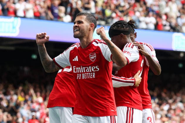 Community Shield 2026 16 August 2026, Cardiff - Community Shield 2026 Football - Arsenal v Manchester City - Bruno Guimaraes of Arsenal celebrates their second goal - Photo: Mark Leech Offside. Cardiff UK *** Community Shield 2026 16. August 2026, Cardiff Community Shield 2026 Fußball Arsenal gegen Manchester City Bruno Guimaraes von Arsenal feiert das zweite Tor Foto: Mark Leech Abseits Cardiff, Großbritannien  Copyright: xMarkxLeechx xOffsidexOffside