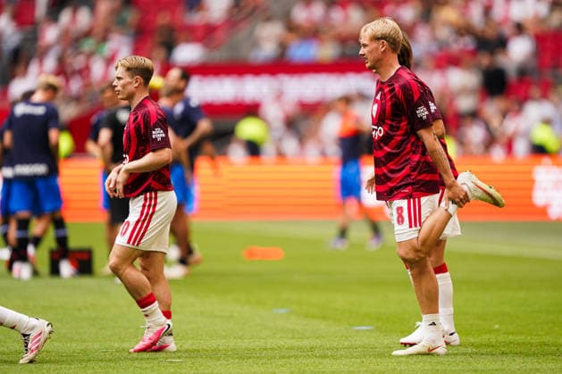 2026-08-16 AFC Ajax v sc Heerenveen - Dutch Vrienden Loterij Eredivsie AMSTERDAM, NETHERLANDS - AUGUST 16: Julian Brandt of AFC Ajax warms up, Oliver Edvardsen of AFC Ajax warms up during a Dutch Vrienden Loterij Eredivsie at Johan Cruijff ArenA on August 16, 2026 in Amsterdam, Netherlands. Amsterdam Johan Cruijff ArenA Netherlands Content not available for redistribution in The Netherlands directly or indirectly through any third parties. Copyright: xAndrexWeeningx