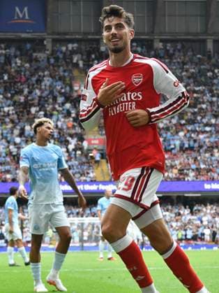 Football - 2026 FA Community Shield - Arsenal vs. Manchester City - Principality (Millennium) Stadium, Cardiff - Sunday 16th August 2026 Kai Havertz ARSENAL celebrates scoring his team s 2nd goal Pic- COLORSPORT Winston Bynorth 