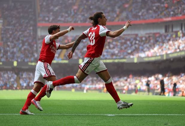 Riccardo Calafiori of Arsenal celebrates after he scores the opening goal to put Arsenal 1-0 up Arsenal v Manchester City - The FA Charity Shield Final 2026, Football. Principality Stadium, Cardiff, WALES, UK. 16 AUG 2026Cardiff Principality Stadium WALES United Kingdom  Copyright: xJASONPIX Shutterstockx 17095653ai