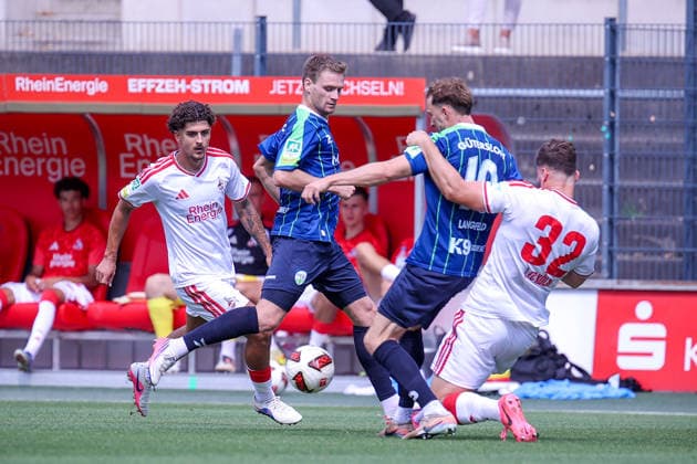 16.08.2026, xsefx, Fußball, 1.FC Köln II U21, U 21 - FC Gütersloh, Regionalliga West, Franz-Kremer-Stadion, 3. Spieltag, Saison 2026 2027: Luis Stapelmann (1FC Köln II 32) im Zweikampf gegen Julius Langfeld (FC Gütersloh 10) DFB regulations prohibit any use of photographs as image sequences and or quasi-video. Nordrhein-Westfalen Deutschland *** August 16, 2026, xsefx, Soccer, 1. FC Köln II vs. U21 FC Gütersloh, Regionalliga West, Franz Kremer Stadium, Matchday 3, 2026–2027 Season: Luis Stapelmann (1. FC Köln II, No. 32) in a tackle against Julius Langfeld (FC Gütersloh, No. 10). DFB regulations prohibit any use of photographs as image sequences and or quasi-video. North Rhine-Westphalia, Germany
