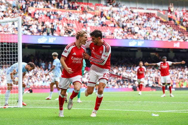 FA Community Shield Final: Arsenal v Manchester City CARDIFF, UK - 16th Aug 2026: Martin Odegaard of Arsenal celebrates scoring his side s third goal with team mate Kai Havertz during the FA Community Shield Final match between Arsenal FC and Manchester City FC at the Principality Stadium Cardiff Principality Stadium Wales United Kingdom Copyright: xCraigxMercerx xPeakxActionxPhotosx