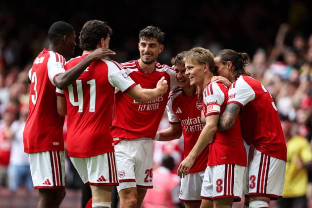 Community Shield 2026 16 August 2026, Cardiff - Community Shield 2026 Football - Arsenal v Manchester City - Martin Odegaard of Arsenal celebrates their third goal with his team mates - Photo: Charlotte Wilson Offside. Cardiff UK *** Community Shield 2026 16. August 2026, Cardiff Community Shield 2026 Fußball Arsenal gegen Manchester City Martin Odegaard von Arsenal feiert mit seinen Mannschaftskollegen das dritte Tor Foto: Charlotte Wilson Abseits Cardiff, Großbritannien  Copyright: xCharlottexWilsonx xOffsidexOffside