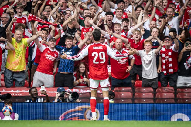 RECORD DATE NOT STATED 16th August 2026; Millennium Stadium, Cardiff, Wales; Community Shield Football, Arsenal versus Manchester City; Kai Havertz of Arsenal celebrates after scoring in the 28th minute to make the score 2-0 GodfreyxPitt