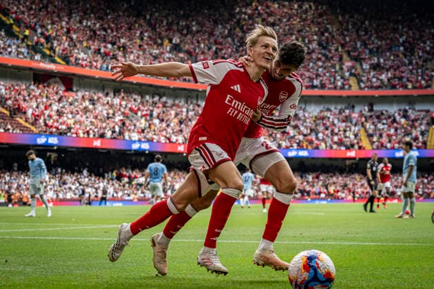 RECORD DATE NOT STATED 16th August 2026; Millennium Stadium, Cardiff, Wales; Community Shield Football, Arsenal versus Manchester City; Martin Odegaard of Arsenal celebrates with Kai Havertz after scoring in the 48th minute to make the score 3-0 GodfreyxPitt