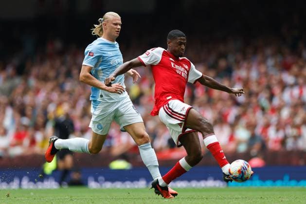 Cristhian Mosquera of Arsenal battles for the ball with Erling Haaland of Manchester City Arsenal v Manchester City, FA Community Shield, Principality Stadium, Cardiff, UK - 16 Aug 2026Cardiff Principality Stadium United Kingdom EDITORIAL USE ONLY No use with unauthorised audio, video, data, fixture lists, club league logos or live services. Online in-match use limited to 120 images, no video emulation. No use in betting, games or single club league player publications.  Copyright: xMattxImpey Shutterstockx 17096419cc
