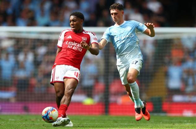 Myles Lewis-Skelly of Arsenal and Phil Foden of Manchester City in action Arsenal v Manchester City, FA Community Shield, Football, Principality Stadium, Cardiff, Wales, UK - 16 Aug 2026Cardiff Principality Stadium Wales United Kingdom EDITORIAL USE ONLY No use with unauthorised audio, video, data, fixture lists, club league logos or live services. Online in-match use limited to 120 images, no video emulation. No use in betting, games or single club league player publications.  Copyright: xKieranxMcManus Shutterstockx 17070166ba