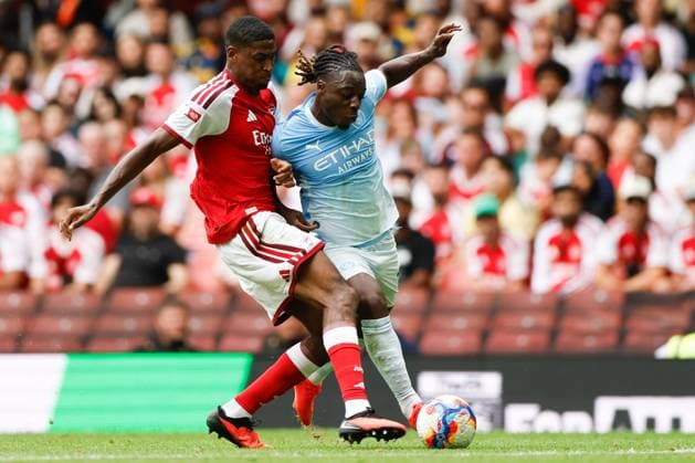 Antoine Semenyo of Manchester City is challenged by Cristhian Mosquera of Arsenal Arsenal v Manchester City, FA Community Shield, Principality Stadium, Cardiff, UK - 16 Aug 2026Cardiff Principality Stadium United Kingdom EDITORIAL USE ONLY No use with unauthorised audio, video, data, fixture lists, club league logos or live services. Online in-match use limited to 120 images, no video emulation. No use in betting, games or single club league player publications.  Copyright: xMattxImpey Shutterstockx 17096419dg