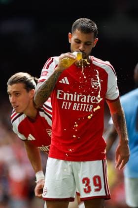 Bruno Guimaraes of Arsenal takes a drink Arsenal v Manchester City, FA Community Shield, Principality Stadium, Cardiff, UK - 16 Aug 2026Cardiff Principality Stadium United Kingdom EDITORIAL USE ONLY No use with unauthorised audio, video, data, fixture lists, club league logos or live services. Online in-match use limited to 120 images, no video emulation. No use in betting, games or single club league player publications.  Copyright: xMattxImpey Shutterstockx 17096419cq