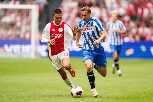 2026-08-16 AFC Ajax v sc Heerenveen - Dutch Vrienden Loterij Eredivsie AMSTERDAM, NETHERLANDS - AUGUST 16: Steven Berghuis of AFC Ajax battles for possession with Ringo Meerveld of sc Heerenveen during a Dutch Vrienden Loterij Eredivsie at Johan Cruijff ArenA on August 16, 2026 in Amsterdam, Netherlands. Amsterdam Johan Cruijff ArenA Netherlands Content not available for redistribution in The Netherlands directly or indirectly through any third parties. Copyright: xAndrexWeeningx