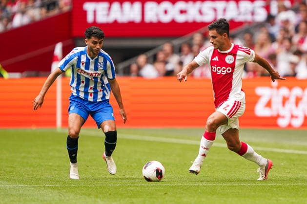 2026-08-16 AFC Ajax v sc Heerenveen - Dutch Vrienden Loterij Eredivsie AMSTERDAM, NETHERLANDS - AUGUST 16: Lucas Rosa of AFC Ajax battles for possession with Luca Oyen of sc Heerenveen during a Dutch Vrienden Loterij Eredivsie at Johan Cruijff ArenA on August 16, 2026 in Amsterdam, Netherlands. Amsterdam Johan Cruijff ArenA Netherlands Content not available for redistribution in The Netherlands directly or indirectly through any third parties. Copyright: xAndrexWeeningx
