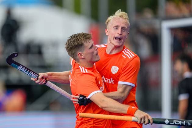 AMSTELVEEN, 16-08-2026, Wagener Stadion, FIH Hockey World Cup 2026 Men, 2026. Koen Bijen and Tjep Hoedemakers celebrating the goal scored during the game Netherlands - New Zealand (men). Netherlands - New Zealand (men)  x205780183x Copyright: