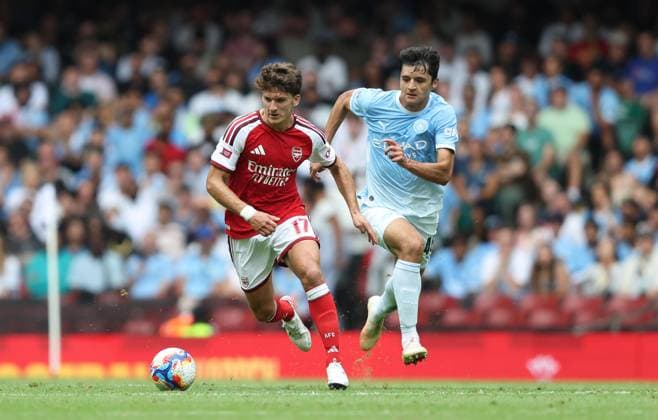 FA Community Shield - Arsenal v Manchester City CARDIFF, WALES, AUGUST 16: Christos Tzolis of Arsenal on the ball during the FA Community Shield match between Arsenal v Manchester City at Principality Stadium, Cardiff on 16 August. (Photo by Daniel Weir) Cardiff Principality Stadium United Kingdom Copyright: xDanielxWeir SportsxPressxPhotox Sportspressphoto_SPR208753