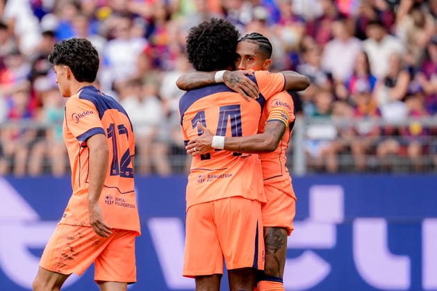 BASEL, SWITZERLAND - AUGUST 16: Raphinha (11 FC Barcelona, Barca , (right), and Andrej Bacanin (Andrej Ba?anin) (14 FC Basel 1893), (left), celebrating after teams first goal scored by Andrej Bacanin (Andrej Ba?anin) (14 FC Basel 1893) during the friendly match between FC Basel 1893 and FC Barcelona at St. Jakob Park Stadium on August 16, 2026 in Basel, Switzerland.  Copyright: xPriscilaxBütlerx xSPPx Sportspressphoto_SPR208763