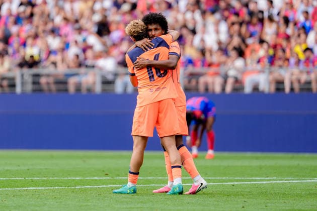 BASEL, SWITZERLAND - AUGUST 16: Karim Adeyemi (14 FC Barcelona, Barca celebrating with team after scoring teams first goal during the friendly match between FC Basel 1893 and FC Barcelona at St. Jakob Park Stadium on August 16, 2026 in Basel, Switzerland.  Copyright: xPriscilaxBütlerx xSPPx Sportspressphoto_SPR208764