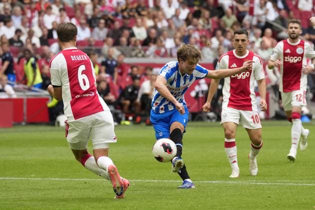 AMSTERDAM ,16-08-2026, JohanCruijff ArenA , season 2026 2027 , Dutch Eredivisie Football Match between Ajax and SC Heerenveen. Picture shows SC Heerenveen player Jacob Trenskow scores 1-2 Ajax - Heerenveen  x205780237x Copyright: