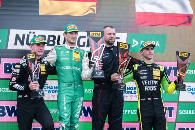 16.08.2026, GER, Motorsport, ADAC DTM, Saison 2026, Nürburgring Marco Wittmann ( Deutschland, Schubert Motorsport, BMW M4 GT3 Evo, 11 ), Tom Kalender ( Deutschland, Mercedes-AMG Team Landgraf, Mercedes-AMG GT3, 84 ) und Thomas Preining ( Österreich, Manthey, Porsche 911 GT3 R, 91 ) auf dem Podium des Sonntagsrennens der DTM am NuÌˆrburgring Nürburg Nürburgring Rheinland-Pfalz Deutschland *** August 16, 2026, GER, Motorsports, ADAC DTM, 2026 Season, Nürburgring: Marco Wittmann (Germany), Schubert Motorsport, BMW M4 GT3 Evo, 11; Tom Kalender (Germany), Mercedes AMG Team Landgraf, Mercedes AMG GT3, 84; and Thomas Preining (Austria), Manthey, Porsche 911 GT3 R, 91 on the podium of Sunday’s DTM race at the Nürburgring, Rhineland-Palatinate, Germany Copyright: xnordphotoxGmbHx xKnabx