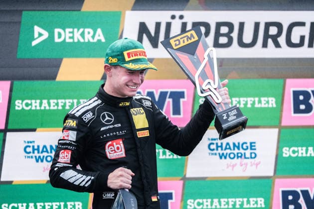 16.08.2026, GER, Motorsport, ADAC DTM, Saison 2026, Nürburgring Tom Kalender ( Deutschland, Mercedes-AMG Team Landgraf, Mercedes-AMG GT3, 84 ) jubelt auf dem Podium über Platz zwei beim Sonntagsrennen DTM am NuÌˆrburgring Nürburg Nürburgring Rheinland-Pfalz Deutschland *** August 16, 2026, GER, Motorsports, ADAC DTM, 2026 Season, Nürburgring Tom Calendar Germany, Mercedes AMG Team Landgraf, Mercedes AMG GT3, No. 84 celebrates second place on the podium at Sunday’s DTM race at the Nürburgring, Nürburg, Rhineland-Palatinate, Germany Copyright: xnordphotoxGmbHx xKnabx