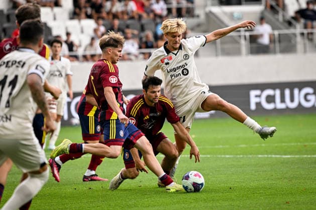 LUGANO, SWITZERLAND - AUGUST 16: Elias Pihlstrom of Lugano against Diego Bianchi of Vedeggio L) during the Swiss Cup match between Vedeggio Calcio and FC Lugano at AIL Arena on August 16, 2026 in Lugano, Switzerland. Lugano AIL Arena Ticino Switzerland *** LUGANO, SWITZERLAND, AUGUST 16: Elias Pihlstrom of Lugano faces off against Diego Bianchi of Vedeggio L during the Swiss Cup match between Vedeggio Calcio and FC Lugano at the AIL Arena on August 16, 2026, in Lugano, Switzerland. Lugano, AIL Arena, Ticino, Switzerland Copyright: xJustPictures.ch AndreaxBrancax jp-en-EuSpIm-AB_16082026_4785