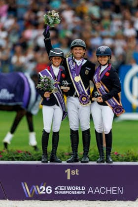 AACHEN - FEI World Championships 2026, AACHEN - FEI World Championships 2026 JUNG Michael (GER), CANTER Rosalind (GBR), COLLETT Laura (GBR) Medal ceremony Individual Medaillenvergabe Einzelentscheidung FEI Eventing World Championship, WM, Weltmeisterschaft Jumping Final Team & Individual Aachen, Reitstadion Soers 16. August 2026 - *** 2026 FEI World Championships in Aachen, AACHEN FEI World Championships 2026 JUNG Michael GER, CANTER Rosalind GBR, COLLETT Laura GBR Medal Ceremony – Individual Medal Presentation for the FEI Eventing World Championship Jumping Final – Team and Individual Events – Aachen, Soers Equestrian Stadium, August 16, 2026