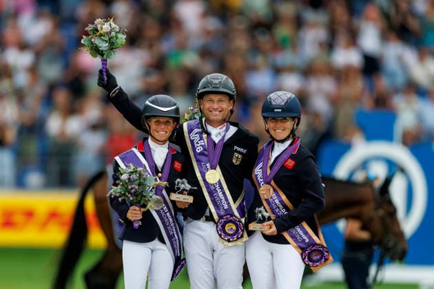 AACHEN - FEI World Championships 2026, AACHEN - FEI World Championships 2026 JUNG Michael (GER), CANTER Rosalind (GBR), COLLETT Laura (GBR) Medal ceremony Individual Medaillenvergabe Einzelentscheidung FEI Eventing World Championship, WM, Weltmeisterschaft Jumping Final Team & Individual Aachen, Reitstadion Soers 16. August 2026 - *** 2026 FEI World Championships in Aachen, AACHEN FEI World Championships 2026 JUNG Michael GER, CANTER Rosalind GBR, COLLETT Laura GBR Medal Ceremony – Individual Medal Presentation, FEI Eventing World Championship Jumping Final – Team and Individual, Aachen, Soers Equestrian Stadium, August 16, 2026