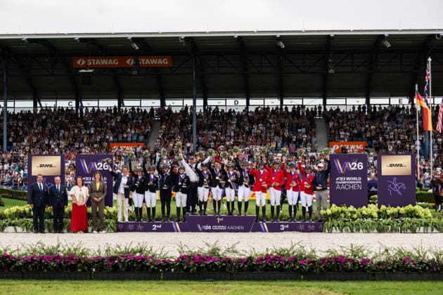 260816 Team Germany (Malin Hansen-Hotopp, Julia Krajewski, Libussa Lubbecke and Michael Jung), Team Great Britain (Laura Collett, Tom Mcewen, Rosalind Canter and Caroline Harris) and Team USA (Phillip Dutton, Boyd Martin, William Coleman and Tamra Smith) celebrate on the podium after the Eventing Show Jumping Final during day 6 of the 2026 FEI World Championships on August 16, 2026 in Aachen. Photo: Emma Wallskog BILDBYRAN kod EW EW0687 ridsport equestrian rid-vm 2026 2026 fei world championships bbeng ridsport-vm fälttävlan eventing *** 260816 Team Germany: Malin Hansen Hotopp, Julia Krajewski, Libussa Lubbecke, and Michael Jung; Team Great Britain: Laura Collett, Tom McEwen, Rosalind Canter, and Caroline Harris; and Team USA—Phillip Dutton, Boyd Martin, William Coleman, and Tamra Smith—celebrate on the podium after the Eventing Show Jumping Final on day 6 of the 2026 FEI World Championships on August 16, 2026 in Aachen. Photo by Emma Wallskog. BILDBYRAN code EW EW0687 equestrian sports 2026 World Championships 2026 FEI World Championships BBENG equestrian sports World Championships eventing  Copyright: EMMAxWALLSKOG BB260816EW060