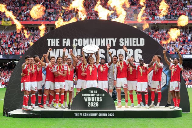 Cardiff, Wales, 16th August 2026. Martin Odegaard of Arsenal lifts FA Community Shield trophy following the Arsenal vs Manchester City FA Community Shield match at Principality Stadium, Cardiff. Picture credit should read: Cody Froggatt Sportimage EDITORIAL USE ONLY. No use with unauthorised audio, video, data, fixture lists, club league logos or live services. Online in-match use limited to 120 images, no video emulation. No use in betting, games or single club league player publications. SPI_034_CF_ARSENAL_V_MANCHESTER_CITY SPI-4912-0031