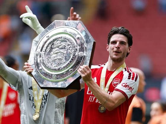 Declan Rice of Arsenal lifts the community shield trophy Arsenal v Manchester City, FA Community Shield, Principality Stadium, Cardiff, UK - 16 Aug 2026Cardiff Principality Stadium United Kingdom EDITORIAL USE ONLY No use with unauthorised audio, video, data, fixture lists, club league logos or live services. Online in-match use limited to 120 images, no video emulation. No use in betting, games or single club league player publications.  Copyright: xMattxImpey Shutterstockx 17096419gd