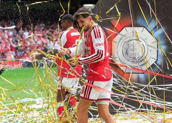 Cardiff, Wales, 16th August 2026. Kai Havertz of Arsenal celebrates after lifting the FA Community Shield trophy following the Arsenal vs Manchester City FA Community Shield match at Principality Stadium, Cardiff. Picture credit should read: Cody Froggatt Sportimage EDITORIAL USE ONLY. No use with unauthorised audio, video, data, fixture lists, club league logos or live services. Online in-match use limited to 120 images, no video emulation. No use in betting, games or single club league player publications. SPI_037_CF_ARSENAL_V_MANCHESTER_CITY SPI-4912-0033