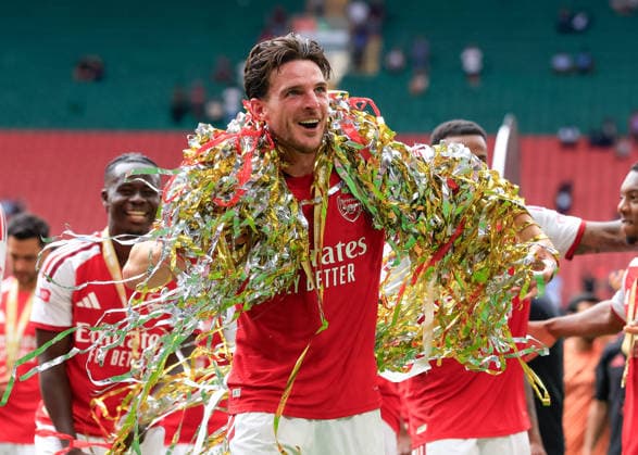 Cardiff, Wales, 16th August 2026. Declan Rice of Arsenal celebrates after lifting FA Community Shield following the the Arsenal vs Manchester City FA Community Shield match at Principality Stadium, Cardiff. Picture credit should read: Cody Froggatt Sportimage EDITORIAL USE ONLY. No use with unauthorised audio, video, data, fixture lists, club league logos or live services. Online in-match use limited to 120 images, no video emulation. No use in betting, games or single club league player publications. SPI_040_CF_ARSENAL_V_MANCHESTER_CITY SPI-4912-0036