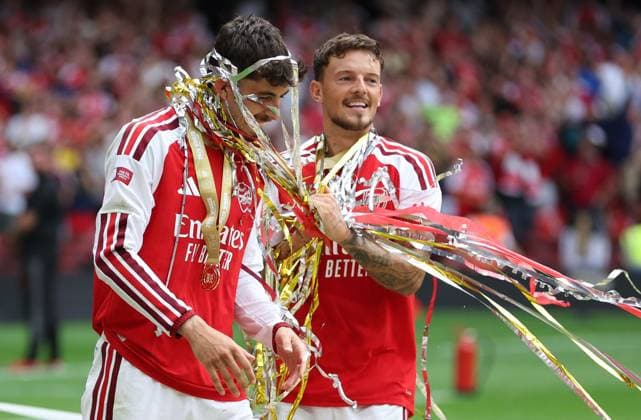 Kai Havertz and Ben White of Arsenal celebrate with confetti ticker tape Arsenal v Manchester City, FA Community Shield, Football, Principality Stadium, Cardiff, Wales, UK - 16 Aug 2026Cardiff Principality Stadium Wales United Kingdom EDITORIAL USE ONLY No use with unauthorised audio, video, data, fixture lists, club league logos or live services. Online in-match use limited to 120 images, no video emulation. No use in betting, games or single club league player publications.  Copyright: xKieranxMcManus Shutterstockx 17070166cy